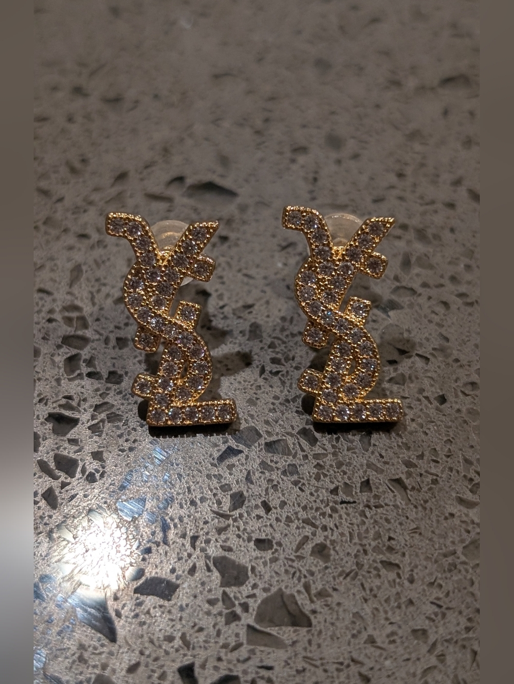 Yves Saint Laurent Crystal-Embellished Gold YSL Logo Stud Earrings - Picture 5 of 12
